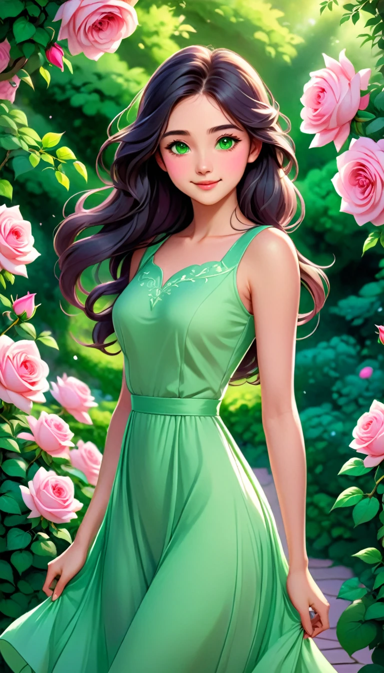 The image depicts a young woman with a serene and ethereal appearance. She has long, flowing dark hair and striking green eyes. Her skin is fair, and she has a gentle smile on her face. She is wearing a sleeveless, green dress that contrasts with the vibrant colors of the rose garden around her. The roses are in full bloom, with pink and white petals, and the garden is lush with green foliage. The lighting in the image is soft and warm, suggesting a peaceful and idyllic setting. The overall impression is one of tranquility and natural beauty.