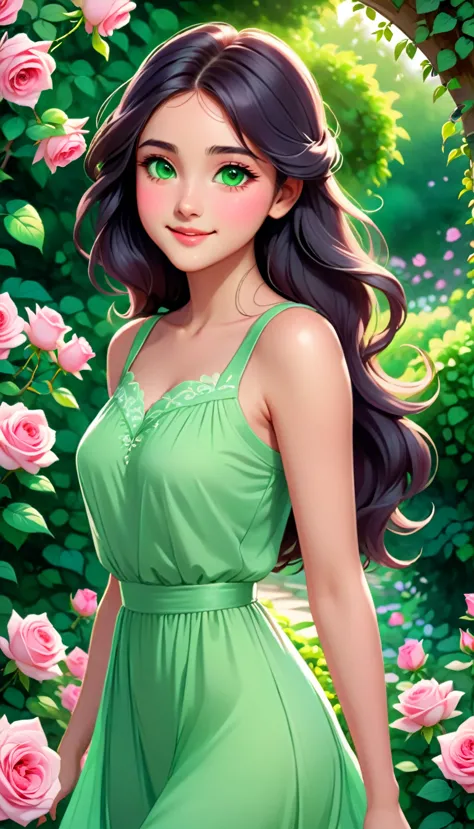 The image depicts a young woman with a serene and ethereal appearance. She has long, flowing dark hair and striking green eyes. ...