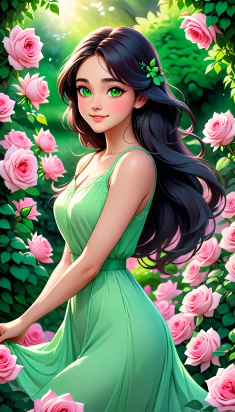 The image depicts a young woman with a serene and ethereal appearance. She has long, flowing dark hair and striking green eyes. ...