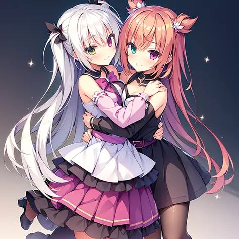 Two girls,Twin-tailed,Chest to chest,hug,Heterochromia,magical girl costume,evil smile,White background,Top image quality,Best Q...