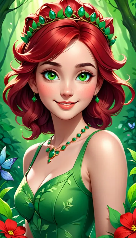 The image depicts a digital art portrait of a young woman with vibrant red hair. She is adorned with a crown of red flowers, add...