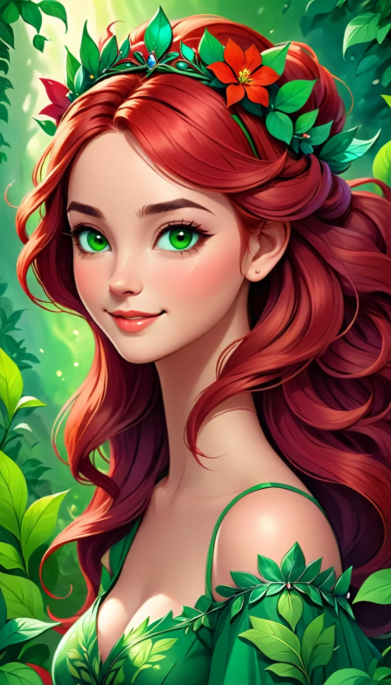 The image depicts a digital art portrait of a young woman with vibrant red hair. She is adorned with a crown of red flowers, adding a touch of nature to her appearance. Her eyes are a striking green, and she has a gentle smile on her face. She is wearing a green top with a floral pattern, which complements the floral crown. The background is lush with green foliage, creating a harmonious blend of colors and textures. The overall composition of the image suggests a theme of nature and beauty, with the woman appearing as a character from a fairy tale or a fantasy story. The artwork is highly detailed and showcases a high level of skill in digital artistry.