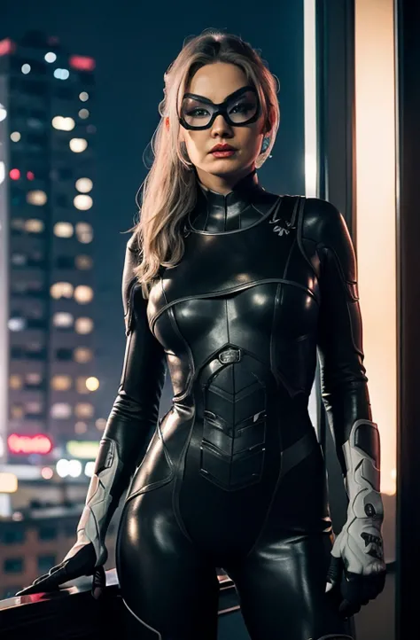 Minka Kelly Black Cat standing at the New York roofs, neon lights, night, red lips, bodysuit, mask, closed mouth, sexy look, ope...