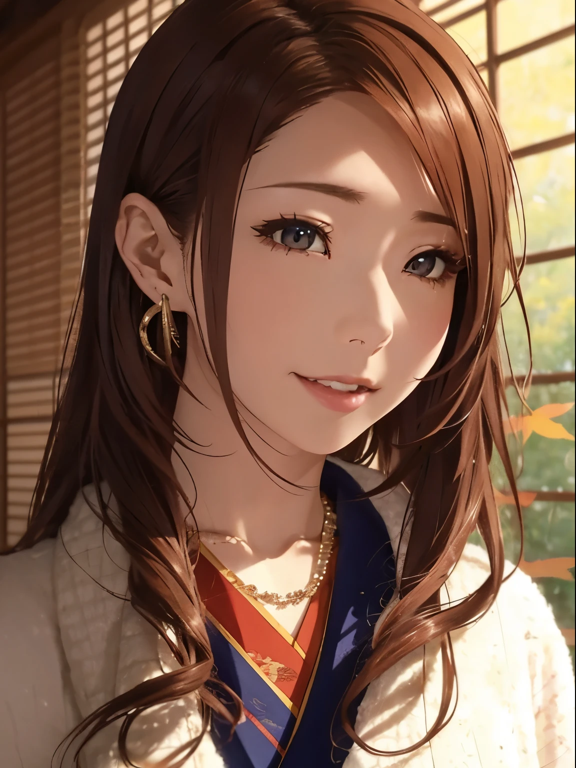 hight resolution,8K,Best Quality,detaileds,semi - realistic anime,Anime 3D Style,Smooth Anime CG,1 girl in,20 year old woman in Japan,slim,modeled,shiny chestnut hair, tie one's hair behind one's back,Medium Hair,Detailed face,Beautiful and detailed eyes,Glowing skin,(layered clothes,Autumn and winter clothes),earring beautiful,a necklace,Winter in Japan,dead wood,leaves falling,Hard Focus、film grains,Soft lighting,the wind,looking at the viewers,A smile,