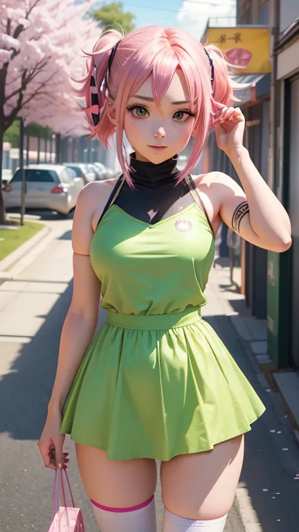 Anime girl 12 years old with pink hair and green eyes posing for a photo., sakura haruno, mejor fondo de pantalla de anime 4k ko...