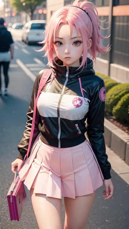 Teenage anime girl 12 years old with pink hair and green eyes posing for a photo., sakura haruno, mejor fondo de pantalla de ani...