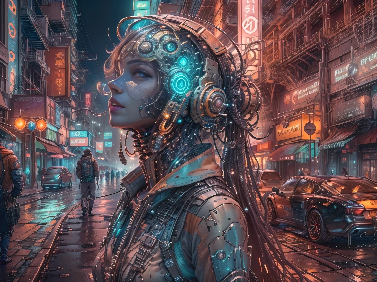 Unreal engine:1.4,UHD,Best quality:1.4, fotorrealist:1.4, skin texture:1.4, masterpiece:1.8,Mechanical girl of the future,Shiny metal,Brilliant robotic movements,ethereal,futuristic technology,Advanced artificial intelligence,Cityscape illuminated with neon lights,Metal Exoskeleton,very detailed facial features,bright LED eyes,Carefully crafted faux leather,Extravagant futuristic fashion,hovering above the ground,Urban Landscape Study,futuristic technology,exquisite craftsmanship,Metal limbs with intricate patterns,Seamless integration of people and machines,surrealist,Otherworldly atmosphere,Utopian cityscape in the background,Modern weapons are integrated into its body.,emits a soft and bright glow,Expressive and captivating look,Superhuman strength and agility,Adopt a position of confidence and strength,High resolution portrait with vibrant colors and intricate details.,Awesome,stunning artwork. (Best quality,4k,8K,High resolutions,masterpiece:1.2),ultra detailed,(realist,fotorrealist,fotorrealist:1.37),HDR,UHD,studio lighting,Ultra-thin paint,sharp focus,physically based representation,Very detailed description,professional,Bright colors,hips,Portraits,Conceptual artists, full length, street, rain