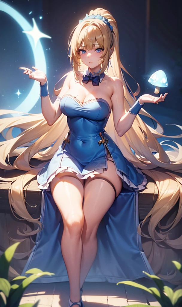 a beautiful 20 year old blonde woman with big messy hair in a blue dress, white stockings, black headband, cleavage, holding a glowing mushroom, fantasy art style, rossdraws cartoon vibrant, alice x. zhang, alice in wonderland cyberpunk, cute detailed digital art, colorfull digital fantasy art, digital fantasy art ), glossy digital painting, rossdraws pastel vibrant, rossdraws 2. 5, rossdraws 1. 0