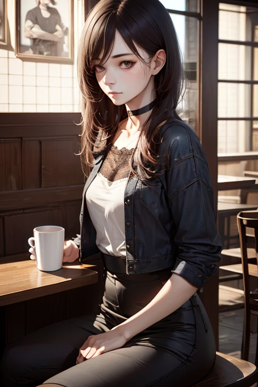 1girl, modern and casual outfit, choker, coffee shop, beautiful detail eyes, realistic hands, (leaning to the side:0.25), (from side:0.8), (sitting having a coffee, full shot), (detailed light:1.1), (stylized:1.3), (Highly detailed), (high resolution), (Best quality), (masterpiece)
