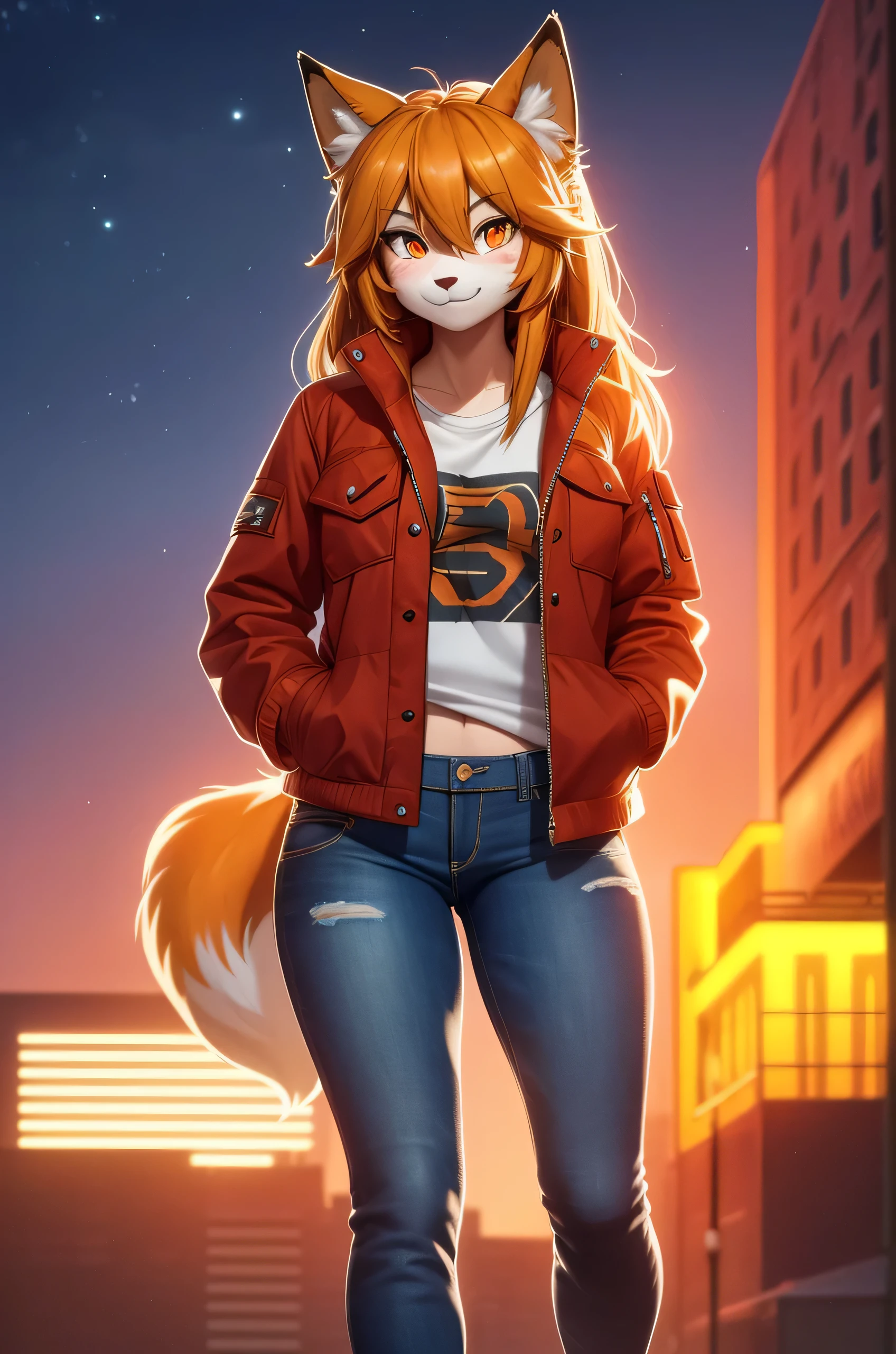 1 girl, (detailed fluffy fur), body skin, solo, fox ears, two-tone hair, (high quality), high resolution, detailed eyes, detailed shadows, red jacket (high quality), high resolution (digital painting), (8k), (tail: 1.1), city buildings, skyline, (hand in pocket: 1.1), jeans, (neon lights: 1.1), night, crowded, bright light, Neon, , t-shirt rock band, (orange [body fur]), wide smile, detailed eyes, (((both hands in pockets)))
