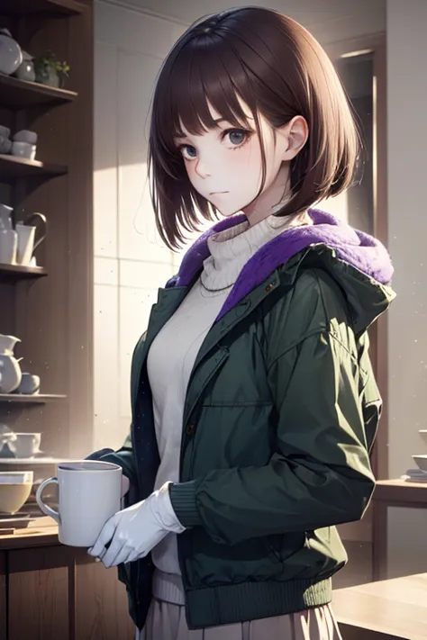1girl, Brown hair, bob haircut, with bangs, purple snow jacket with green sweater inside, hands crossed, slightly serious expres...