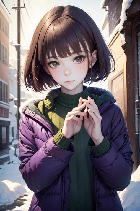 1girl, Brown hair, bob haircut, with bangs, purple snow jacket with green sweater inside, hands crossed, expressive, shop, beaut...