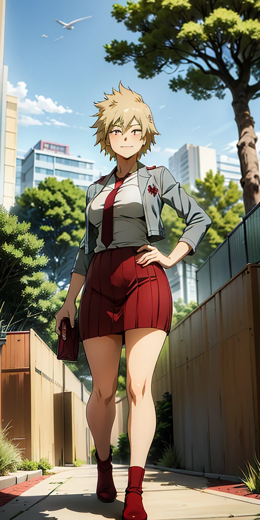 (Full body, view from below, cowboy shot, looking at viewer, masterpiece, best quality, ultra detailed, immaculate:1.2) Mitsuki from MHA, 30 y.o. woman, red eyes, short blonde hair, posing for photo, seductive smile, grey jacket, red necktie, green skirt, Sakura tree, building