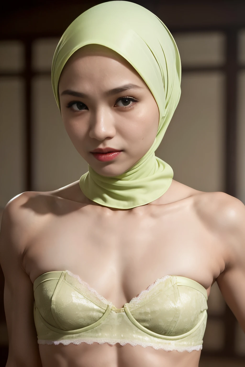 ((SHORT HIJAB)), ((Flat chest:1.7)), (dynamic photograph of a 58 year old Indonesian woman), (slim top, cotton panties), (straight non curly hair), (highly detailed face:1.4), (vascular muscles and abs:1.3), (background inside light, bright, private gym:1.1), (8k, uhd, dslr, high quality, cinematic lighting, bokeh), (dramatic, award winning photography, incredible masterpiece:1.3), (((sexy sultry stare at camera:0.8))), close up, ((she is ready to dominate you:0.5)), ((beautiful feminine face)) (she is a champion MMA fighter), add_detail:1, ((Wearing strapless pastel)) lace yellow fluorescence , from behind view, seductive pose, straddling ,