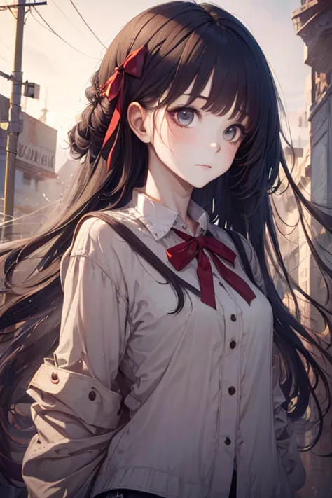 1girl, rebel and casual outfit, long hair with bangs, red ribbon, peaceful, beautiful detail eyes, (full shot), (stylized:1.2), ...