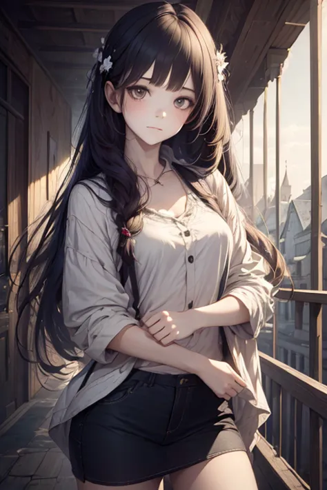 1girl, rebel and casual outfit, long hair with bangs, hands crossed, , peaceful, beautiful detail eyes, (full shot), (stylized:1...