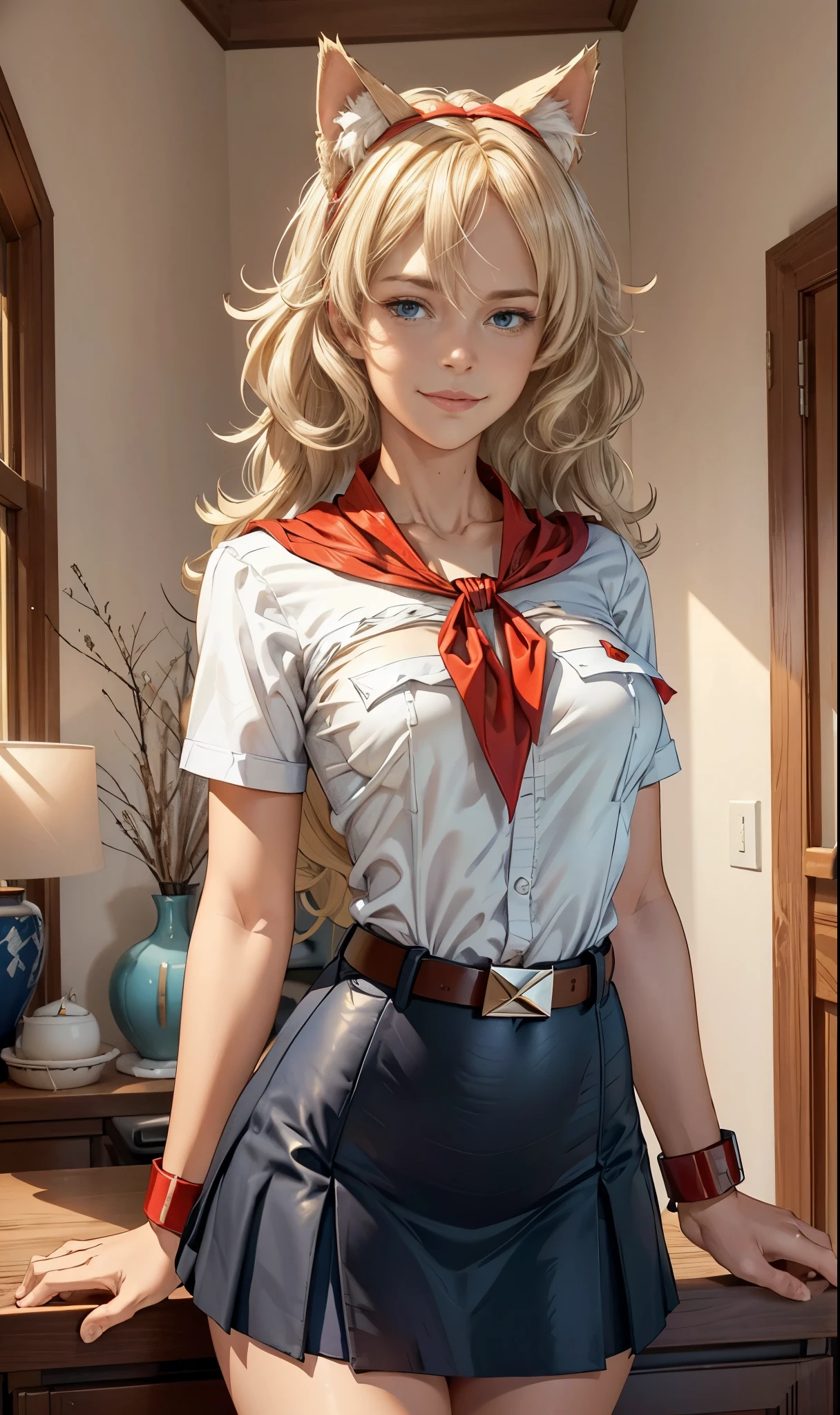 very young slim fit girl, full height, rounded face, (long curly disheveled blond hair:1.4), big blue eyes, shy smile, perfect medium breast, band on head with fake cat ears, monroe, pioneer neckerchief, short tight blue pleated skirt, bangs, tight white shirt, short sleeves, collared shirt, belt, (red neckerchief:1.3), breast pocket, solo, shy smile, Standing at attention, dynamic pose, clear light skin, 8k wallpaper, perfect lighting, masterpiece, lens flare, vibrant color