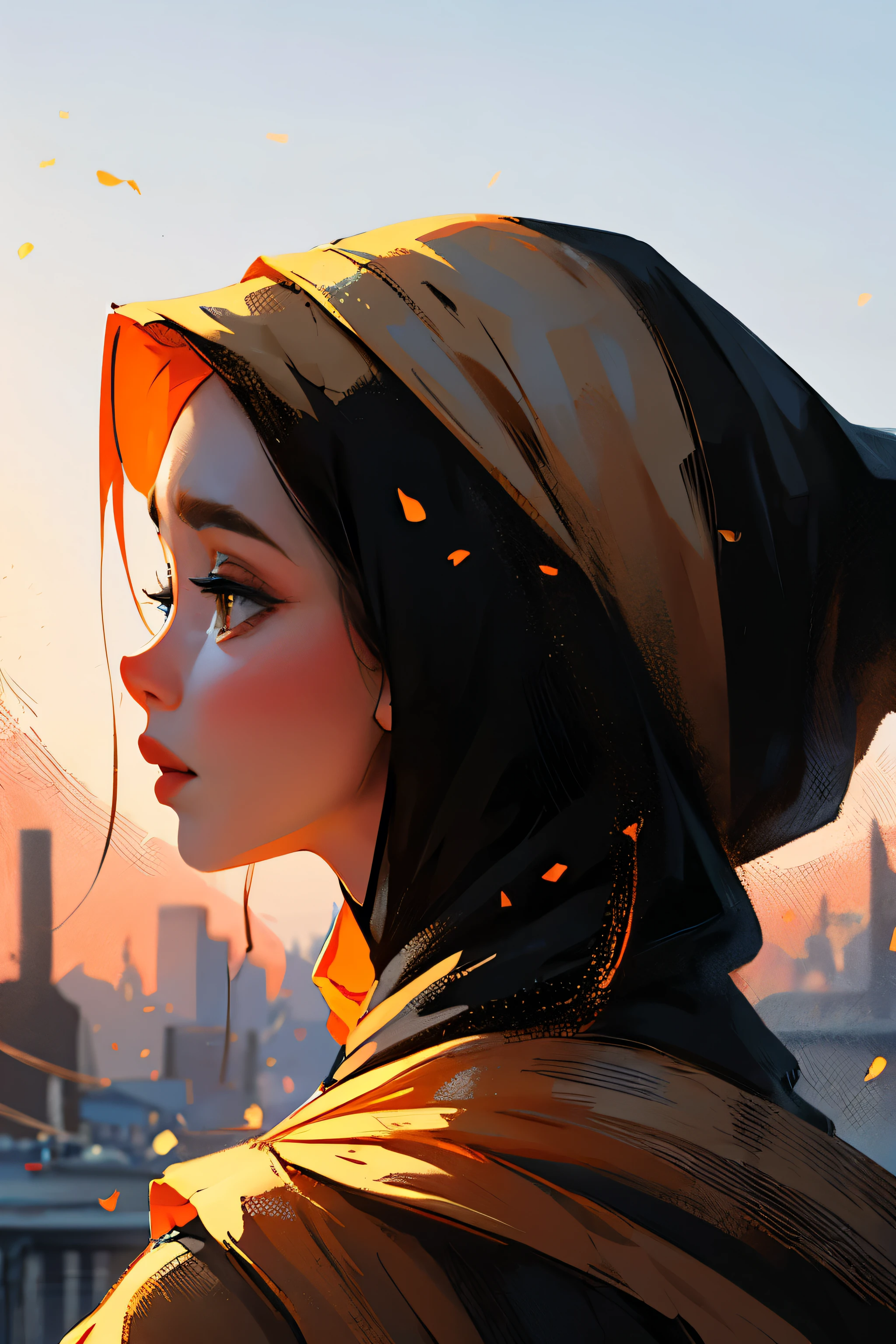 (side view,medium close-up:1.3),(best illustration,perfect ratio:1.3),natural lighting, soft lighting, sunlight, HDR (High Dynamic Range), Maximum Clarity And Sharpness, Multi-Layered Textures, emphasis lines, best quality, masterpiece, wlpstyl, 1girl, hijab, jewelry
