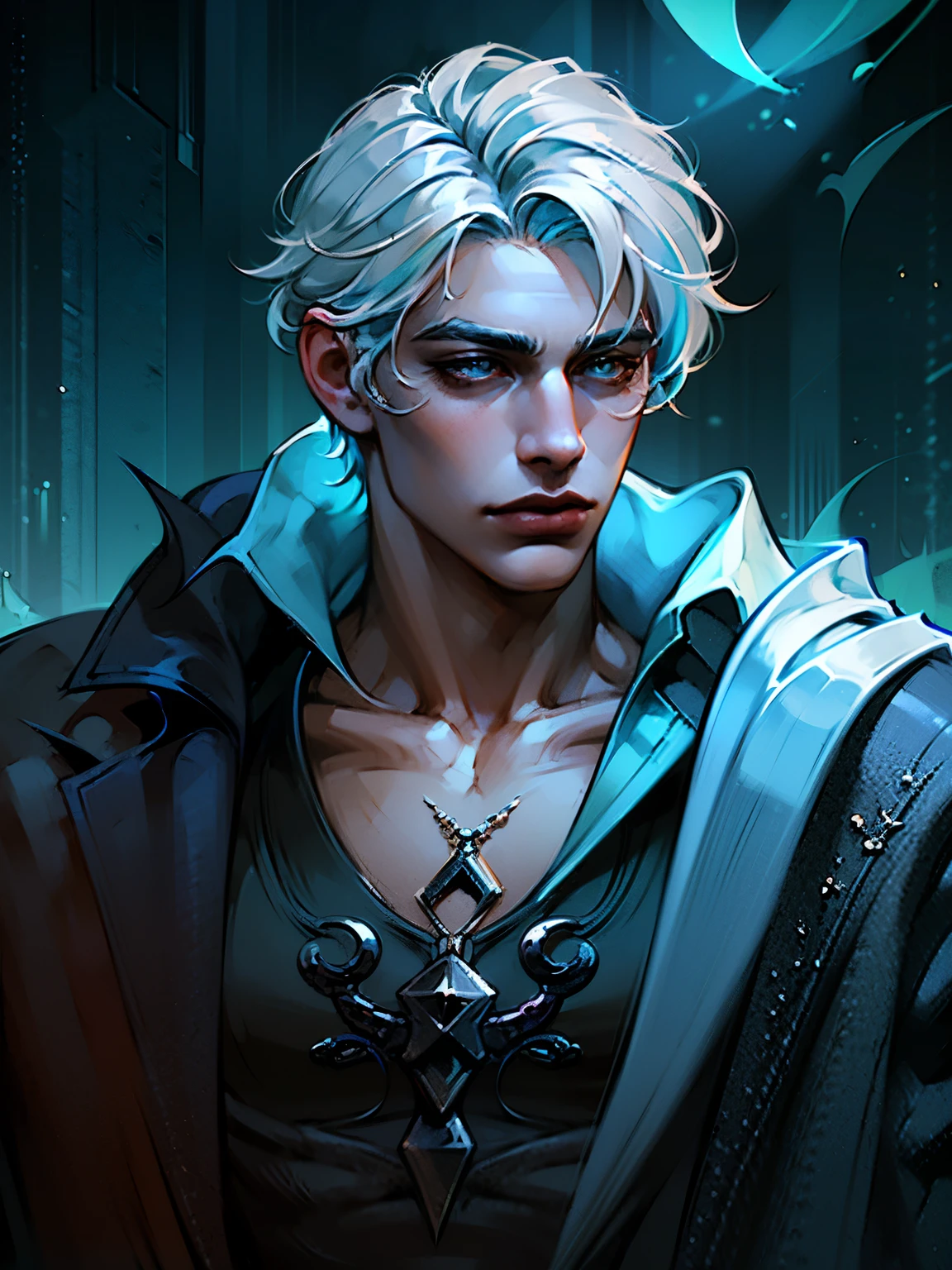 man:1.5,1 man,(male,muscle,1boy, 1 boy, man chest, muscular), 25 year old man,young,((1male,1 male,1man,man,male gender:1.5,handsome man,male focus)), cardcaster warlock characster portrait, illustation modern digital art style colorful, white hair