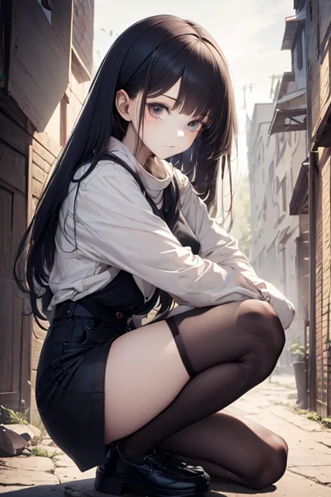 1girl, rebel and casual outfit, long hair with bangs, beautiful detail eyes, proportional figure, (from side:0.8), (squatting, f...