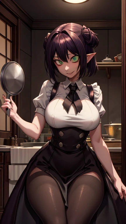 horror anime with comedy, dynamic view, medium far angle, suggestive details, HD12K quality, rakshasa girl, ghostly green eyes, pointed ears, full lips, devilish cynical smile, huge breasts, wide hips, chef's gown about to explode, holding cleaver, insinuating pose, kitchen counter, hellish kitchen, you don't want to know what I'm preparing, little demons being prepared,