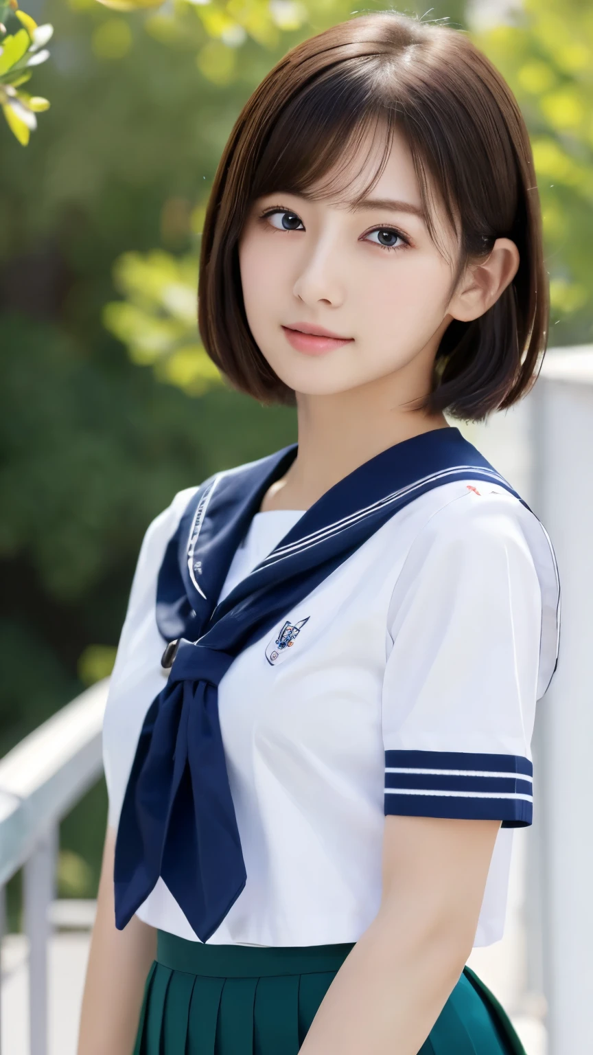(masterpiece:1.3), (8k, Photorealistic, RAW Photos, Best image quality: 1.4), Japanese, (1 girl), Beautiful Face, (A vivid face), Beautiful hairstyle, Realistic eyes, Beautiful Eyes, (Realistic Skin),(short hair:1.3) ,Beautiful Skin, charm, 超A high resolution, Surreal, (Big Breasts)、Attention to detail,  Detail Makeup,Seeing the viewer,、School classroom、Shaved pubic hair、((Full body portrait)),(Japanese short sleeve school sailor uniform)