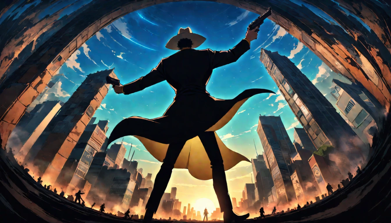masterpiece, Best Quality, very aesthetic, absurdities, 

bebop cowboy, action, Spike Spiegel jumping through the air and firing his gun, happiness, Moonlit rooftop, Cityscape below, dynamic, cinematographic, backlit, Dramatic silhouette