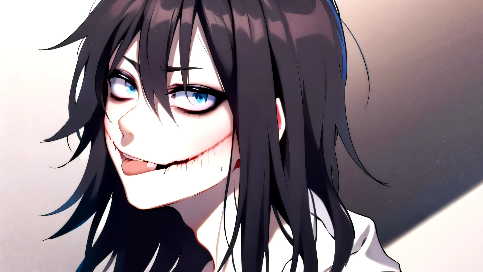 Anime girl with black hair and blue eyes and a white shirt - SeaArt AI