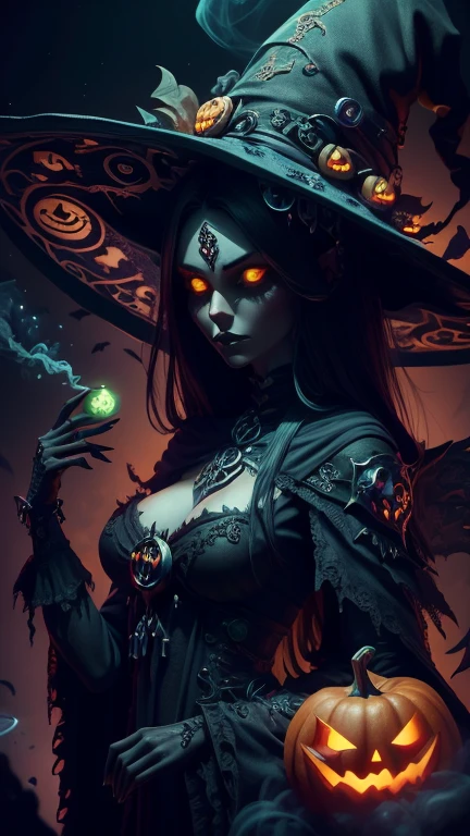 halloween, a woman in a black outfit holding a green orb of smokesitting on a scary pumpkin, necromancer sorceress, beautiful necromancer, diablo 4 lilith, female necromancer, witch hat, dark fantasy style art, portrait of a female necromancer, diablo 4 queen, dark fantasy character design, diablo digital concept art, dark witch character, detailed digital 2d fantasy art,, night, moonlight, particles, green smoke, chromatic aberration, left hand on hips, bone scythe, graveyard in bacground, 8K image quality, Masterpiece