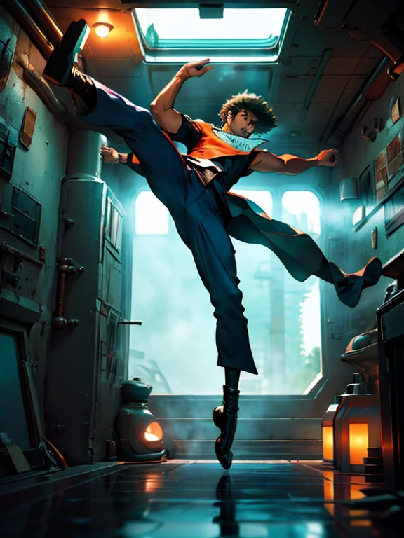 1 male, spike spiegel,  en una nave en el espacio, enfoque masculino, pantalones, torso desnudo, high kick, dynamic, hermosa pose kungfu, artistic,obscuro pocos detalls, sombras, zen,parado junto a una ventana, se mira el espacio, se ve la marte, obscuro, luz y sombra