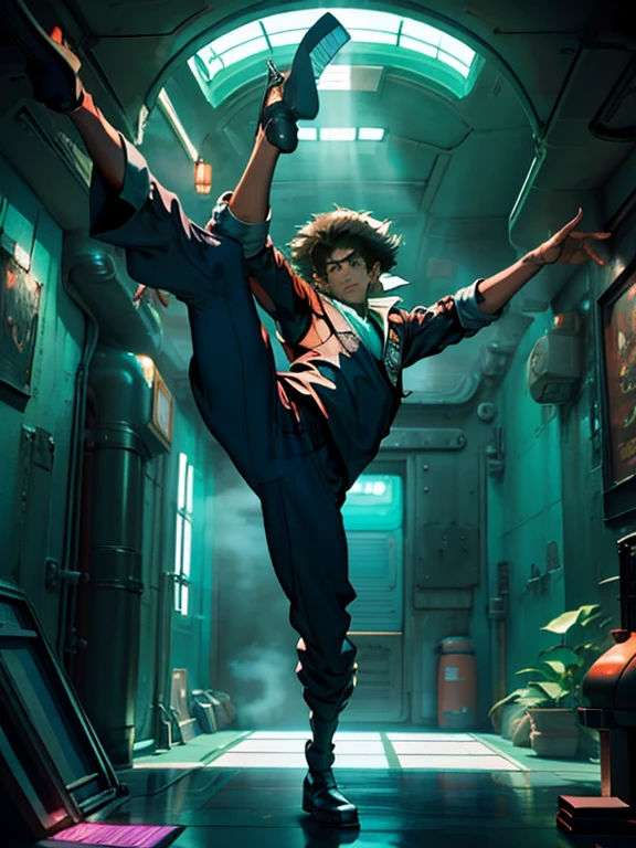 1 male, spike spiegel,  en una nave en el espacio, enfoque masculino, pantalones, torso desnudo, high kick, dynamic, hermosa pose kungfu, artistic,obscuro pocos detalls, sombras, zen,parado junto a una ventana, se mira el espacio, se ve la marte, obscuro, luz y sombra