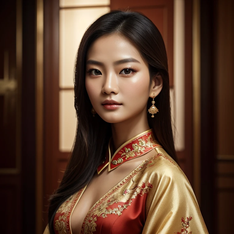 A beautiful Chinese model, oil painting, stunning details, high-resolution portrait, elegant pose, captivating gaze, delicate lips, flowing silky hair, traditional Chinese garment, touch of red, soft lighting, photorealistic rendering, fine brushwork, intricate patterns, professional makeup, timeless beauty, mesmerizing eyes, flawless complexion, the embodiment of grace and sophistication, a masterpiece to be treasured.