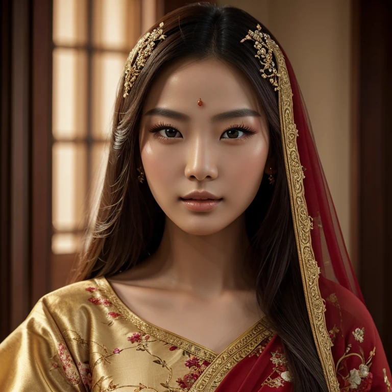 Um belo modelo chinês, pintura a óleo, detalhes impressionantes, retrato de alta resolução, pose elegante, olhar cativante, lábios delicados, cabelo sedoso e esvoaçante, vestimenta tradicional chinesa, Toque de Vermelho, iluminação suave, Renderização fotorrealista, pincelada fina, padrões intrincados, Maquiagem Profissional, beleza atemporal, Olhos hipnotizantes, tez impecável, a personificação da graça e da sofisticação, uma obra-prima a ser valorizada.