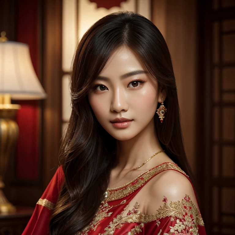 Um belo modelo chinês, pintura a óleo, detalhes impressionantes, retrato de alta resolução, pose elegante, olhar cativante, lábios delicados, cabelo sedoso e esvoaçante, vestimenta tradicional chinesa, Toque de Vermelho, iluminação suave, Renderização fotorrealista, pincelada fina, padrões intrincados, Maquiagem Profissional, beleza atemporal, Olhos hipnotizantes, tez impecável, a personificação da graça e da sofisticação, uma obra-prima a ser valorizada.