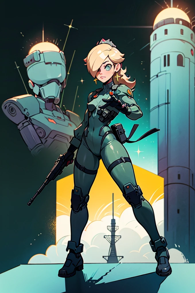 rosalina reimagined as a female solide snake frome metal gear solid, full body, action pose, on infiltration scene, tactical gear, military base background, radio tower background, science fiction background, futuristque background ,