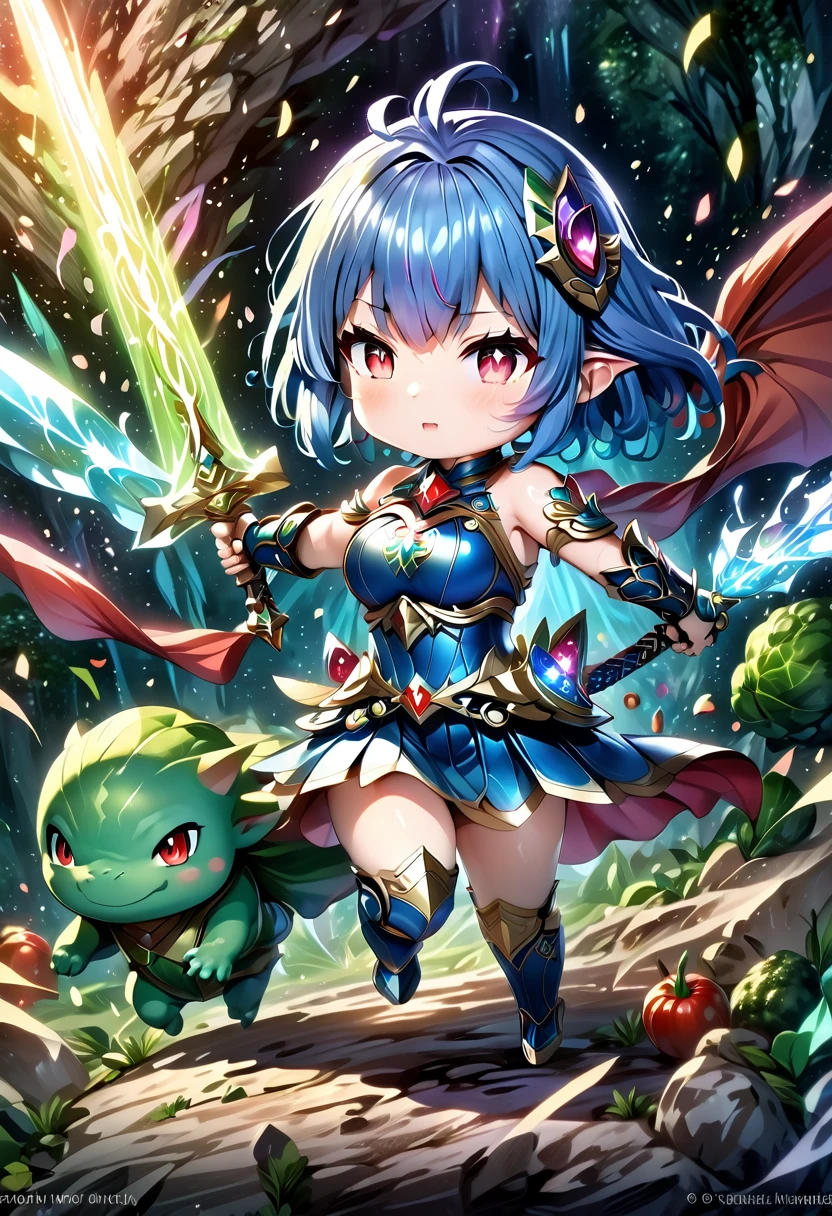 fantasy anime, chibi style, vivid colors, cute details, HD quality, fairy knight, short stature, blue hair, triangular ears, fearless look, huge breasts, wide hips, thick thighs, green magical armor with red jewelry, wielding magical sword giant, fights a dragon made of vegetables in a cave of goodies,