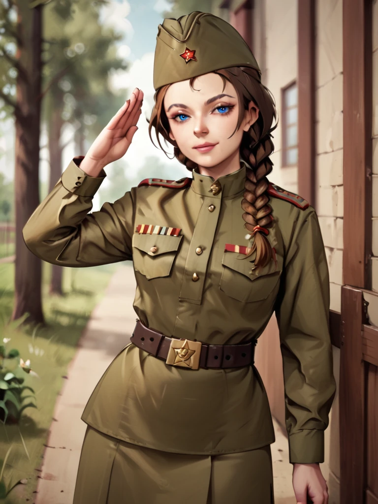 vérifier_9, vérifier_8_en haut, vérifier_7_en haut, source_anime PAUSE 1fille, Un,Uniforme militaire soviétique, casquette soviétique, ceinture, cheveux bruns, cheveux tressés, saluer, regarde le spectateur, émotions, T_T, jupe, yeux bleus, sur le terrain