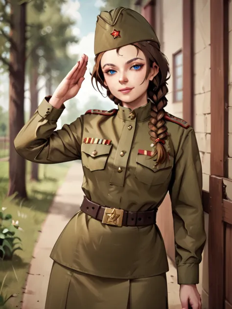 check_9, check_8_up, check_7_up, source_аниме BREAK 1girl, One,Soviet Military Uniform, soviet cap, belt, Brown hair, braided ha...