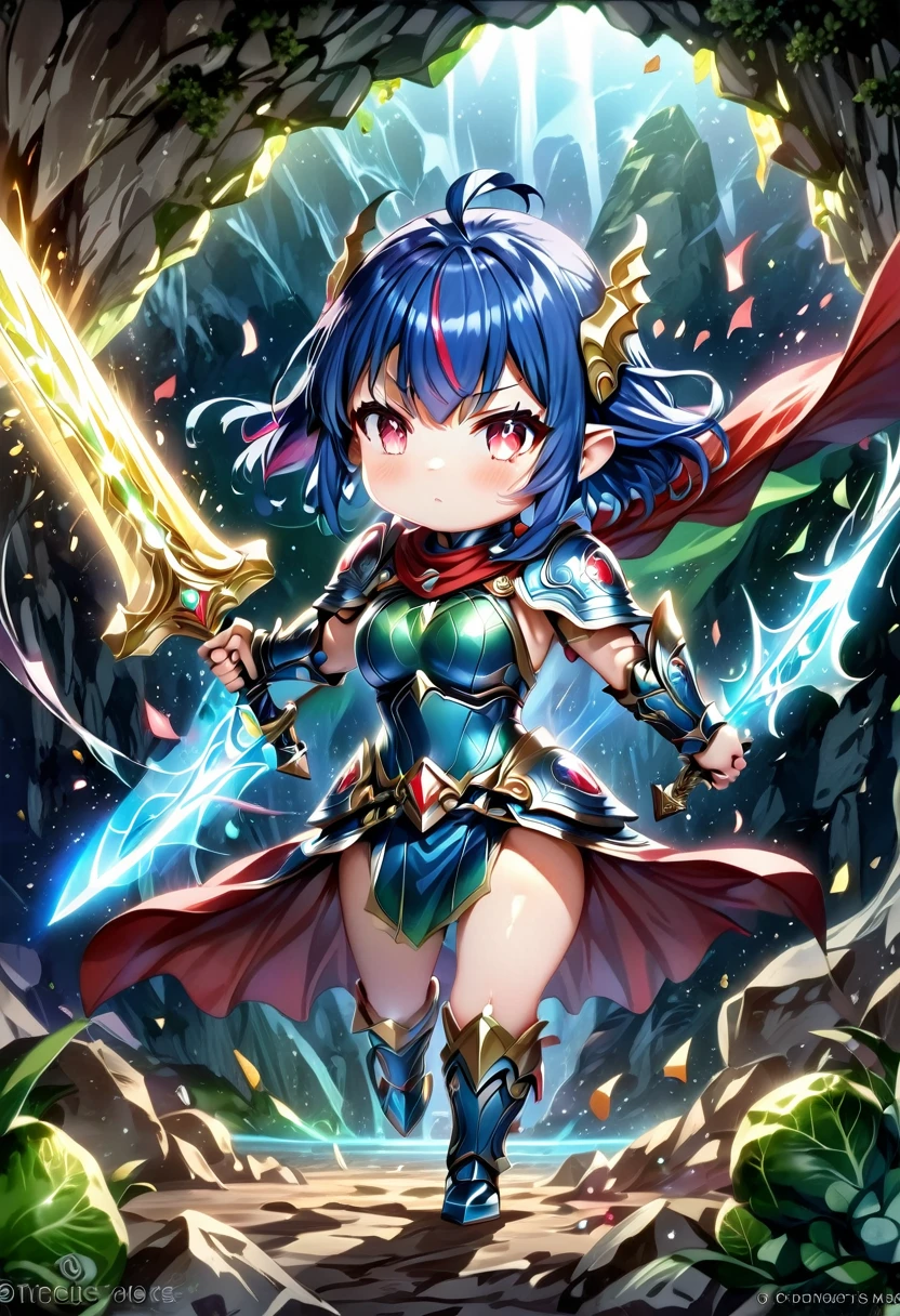 fantasy anime, chibi style, vivid colors, cute details, HD quality, fairy knight, short stature, blue hair, triangular ears, fearless look, huge breasts, wide hips, thick thighs, green magical armor with red jewelry, wielding magical sword giant, fights a dragon made of vegetables in a cave of goodies,