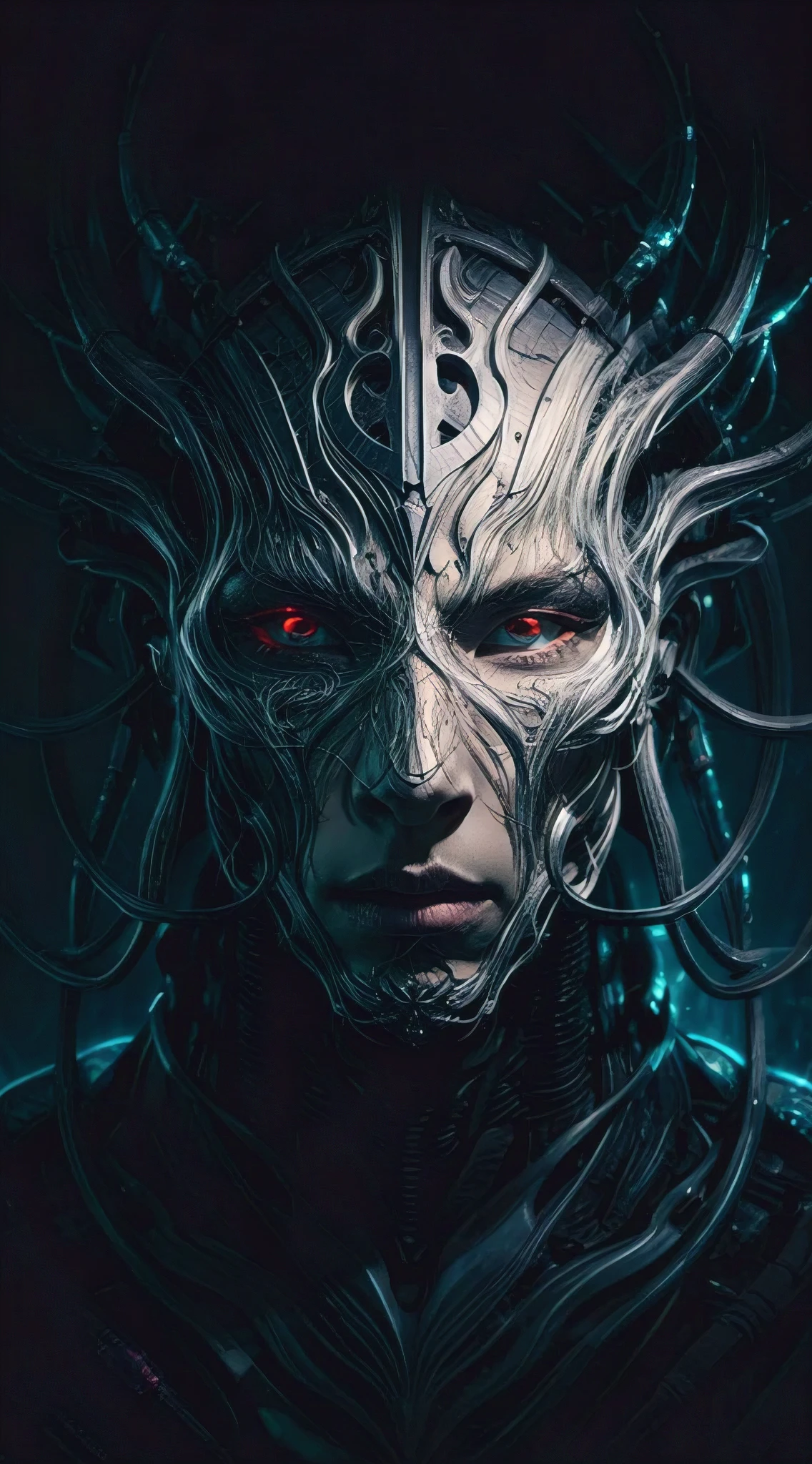 (best quality, ultra-detailed, photorealistic), Behold the visage of the CyberXenoDruid, a being shrouded in mystery and intrigue. In this captivating artwork, the CyberXenoDruid's face emerges from the shadows, its features a testament to its cybernetic and otherworldly nature. With eyes that gleam with an unearthly light, the CyberXenoDruid gazes out from the depths of the unknown, its expression inscrutable and enigmatic. The contours of its face are etched with intricate detail, each line and curve hinting at a story untold. Yet, despite its cybernetic appearance, the CyberXenoDruid exudes an aura of ancient wisdom and technological prowess, embodying the fusion of nature and machine in the cyberpunk realm.