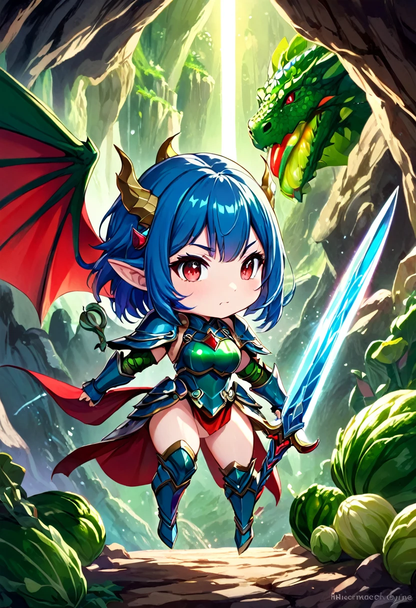 fantasy anime, chibi style, vivid colors, cute details, HD quality, fairy knight, short stature, blue hair, triangular ears, fearless look, huge breasts, wide hips, thick thighs, green magical armor with red jewelry, wielding magical sword giant, fights a dragon made of vegetables in a cave of goodies,