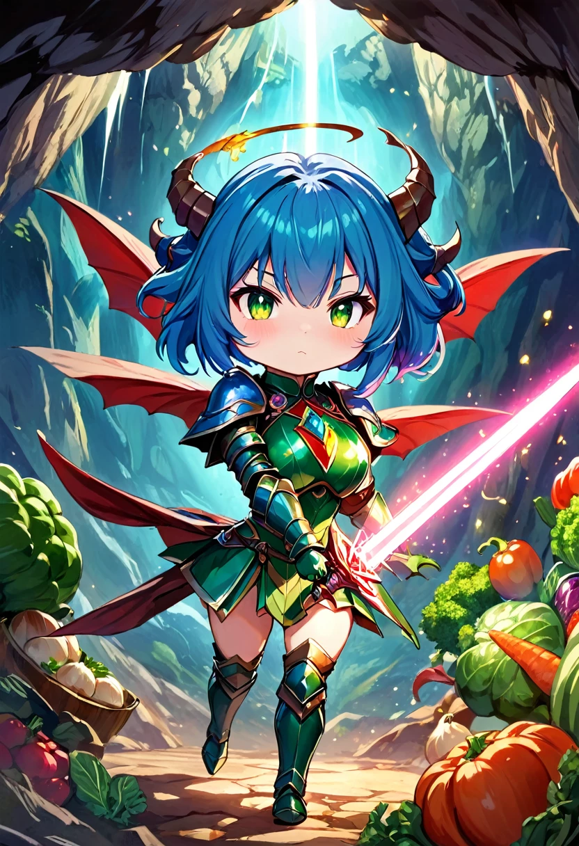 fantasy anime, chibi style, vivid colors, cute details, HD quality, fairy knight, short stature, blue hair, triangular ears, fearless look, huge breasts, wide hips, thick thighs, green magical armor with red jewelry, wielding magical sword giant, fights a dragon made of vegetables in a cave of goodies,