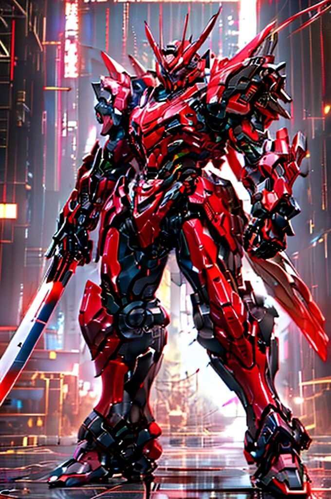 ((Best Quality)), ((Masterpiece)), (Very Detailed: 1.3), 3D, samurai-mecha, a cyberpunk samurai mecha carrying a big katana, sci-fi technology, HDR (High Dynamic Range), ray tracing, nvidia RTX, super resolution, unreal 5, subsurface scattering, PBR texture, post-processing, anisotropic filtering, depth of field, maximum sharpness and sharpness, multi-layer texture, specular and albedo mapping, surface shading, accurate simulation of light-material interactions, perfect proportions, octane rendering, duotone lighting, low ISO, white balance, rule of thirds, wide aperture, 8K RAW, high efficiency subpixels, subpixel convolution, light particles, light scattering, Tyndall effect, (((battle pose))), full body, (((genji samurai)), red colored, white background, painting brush style