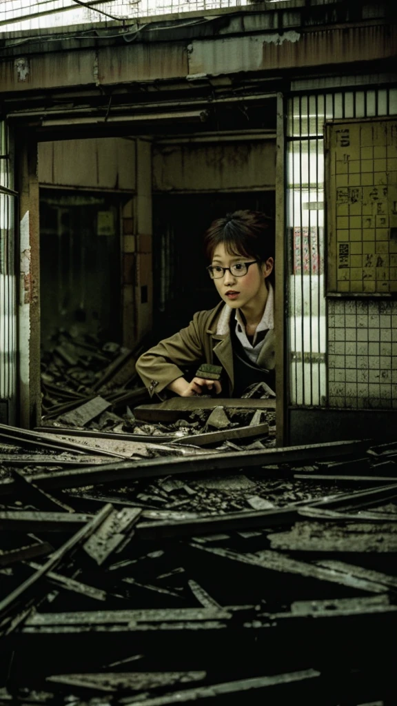 subway,Showa,Collapse,Devastation,Inside the ruins,Glasses,Women,adventure,Black and White,