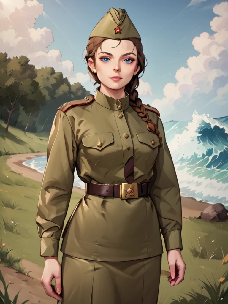 check_9, check_8_up, check_7_up, source_аниме BREAK 1girl, One,Soviet Military Uniform, soviet cap, belt, Brown hair, braided hair, Look at the viewer, emotions, T_T, skirt, Blue eyes, standing on the field, waves his hand to the viewer