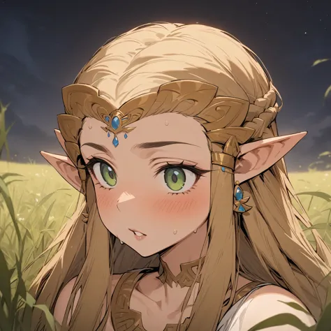 (Masterpiece, best quality:1.2, highres) 1 woman, solo, sfw, princess Zelda, in field, night sky, up close.
