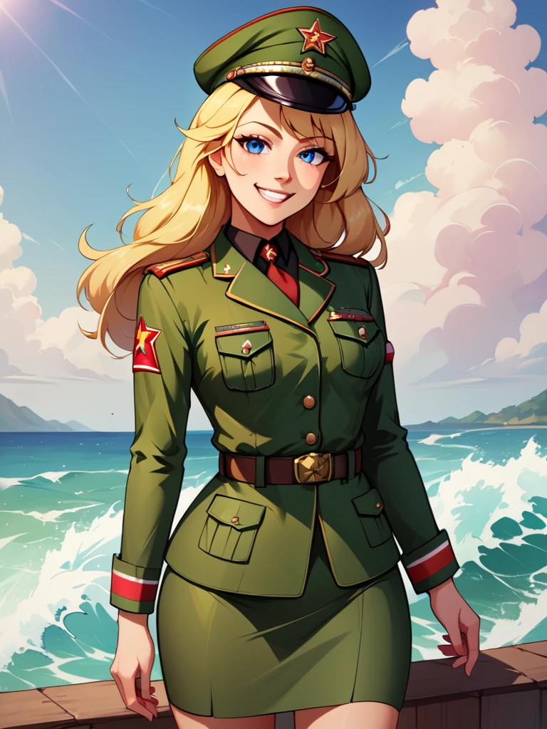 vérifier_9, vérifier_8_en haut, vérifier_7_en haut, source_anime PAUSE 1fille, Un,Uniforme militaire soviétique, casquette soviétique, ceinture, cheveux blond, cheveux lâchés, regarde le spectateur, émotions, souriant, jupe, yeux bleus, debout sur le terrain, agite la main