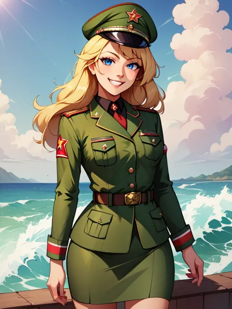 check_9, check_8_up, check_7_up, source_аниме BREAK 1girl, One,Soviet Military Uniform, soviet cap, belt, Blonde hair, hair down...