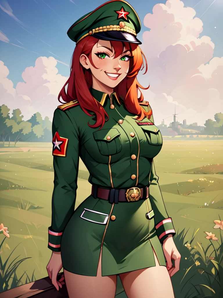 check_9, check_8_up, check_7_up, source_аниме BREAK 1girl, One,Soviet Military Uniform, soviet cap, belt, Red hair, hair down, Look at the viewer, emotions, smiling, skirt, green eyes, standing on the field