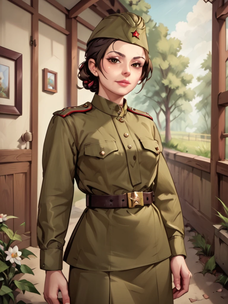 check_9, check_8_up, check_7_up, source_аниме BREAK 1girl, One,Soviet Military Uniform, soviet cap, belt, brunette, hairstyle ponytail, looks at the viewer, emotions, calm, skirt, Brown eyes, standing on the field